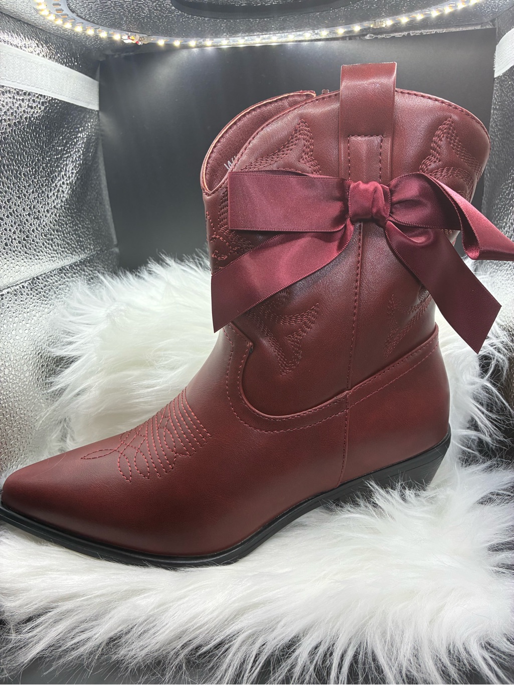 Fashion Nova Women's Burgundy Satin Bow Cowboy Booties